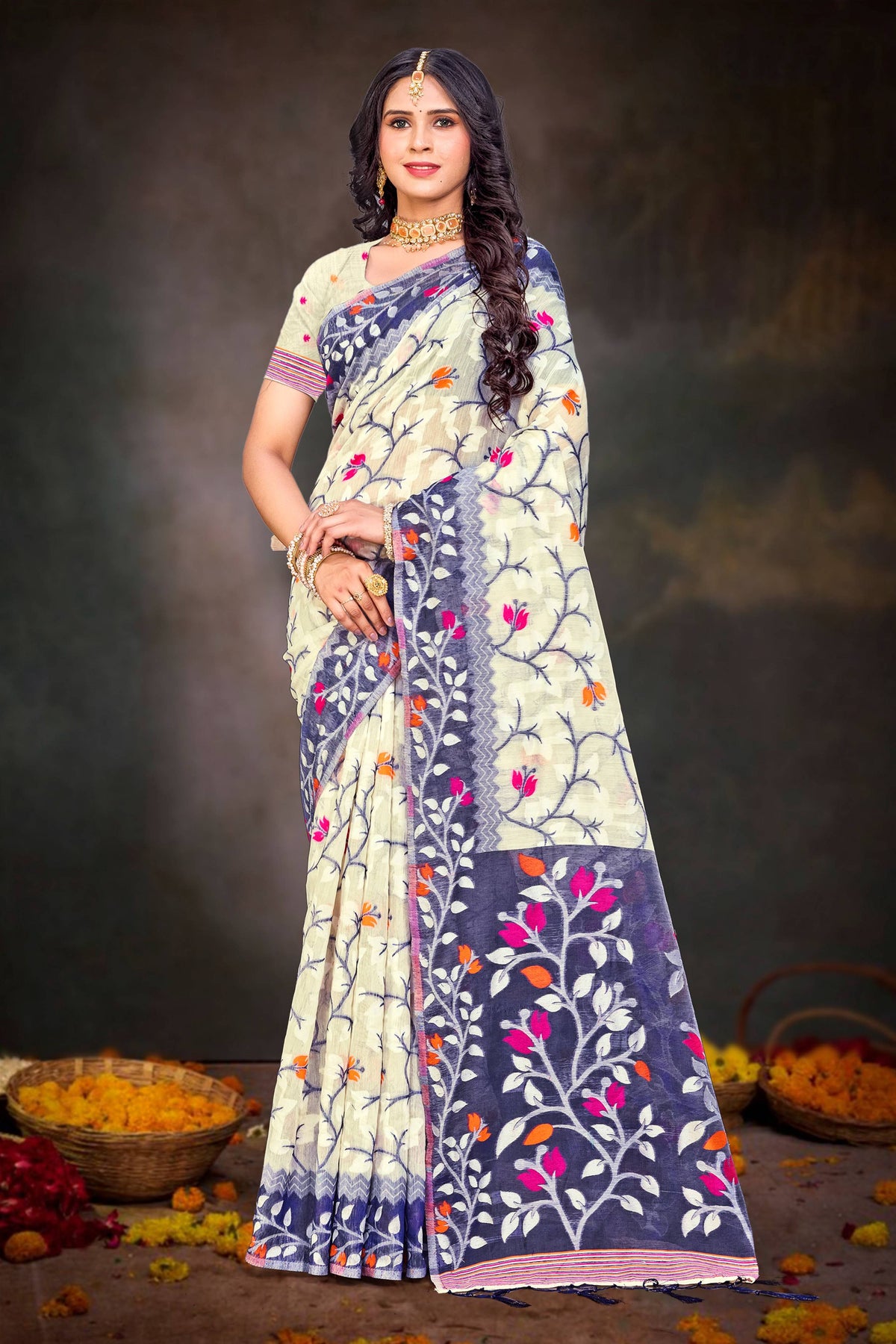 Sangam Prints Violet Cotton Blend Woven Work Traditional Saree | Grocsy