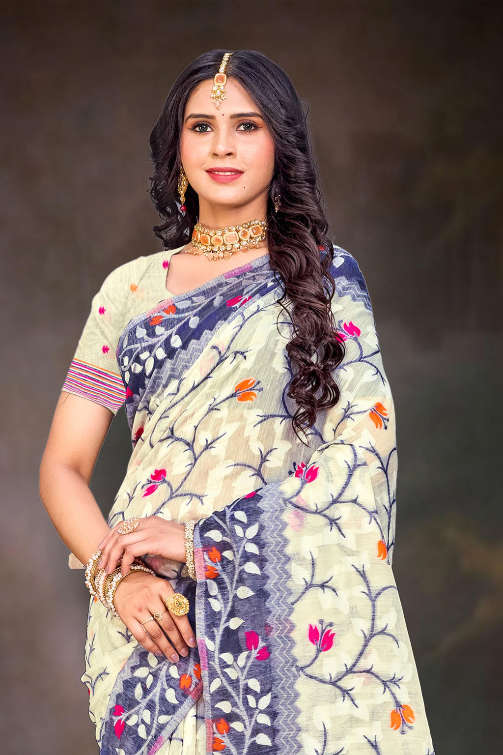 Sangam Prints Violet Cotton Blend Woven Work Traditional Saree | Grocsy