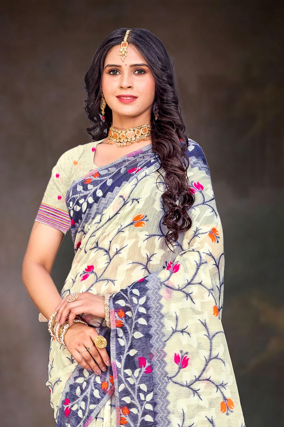 Sangam Prints Violet Cotton Blend Woven Work Traditional Saree | Grocsy