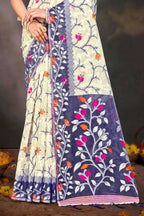 Sangam Prints Violet Cotton Blend Woven Work Traditional Saree | Grocsy