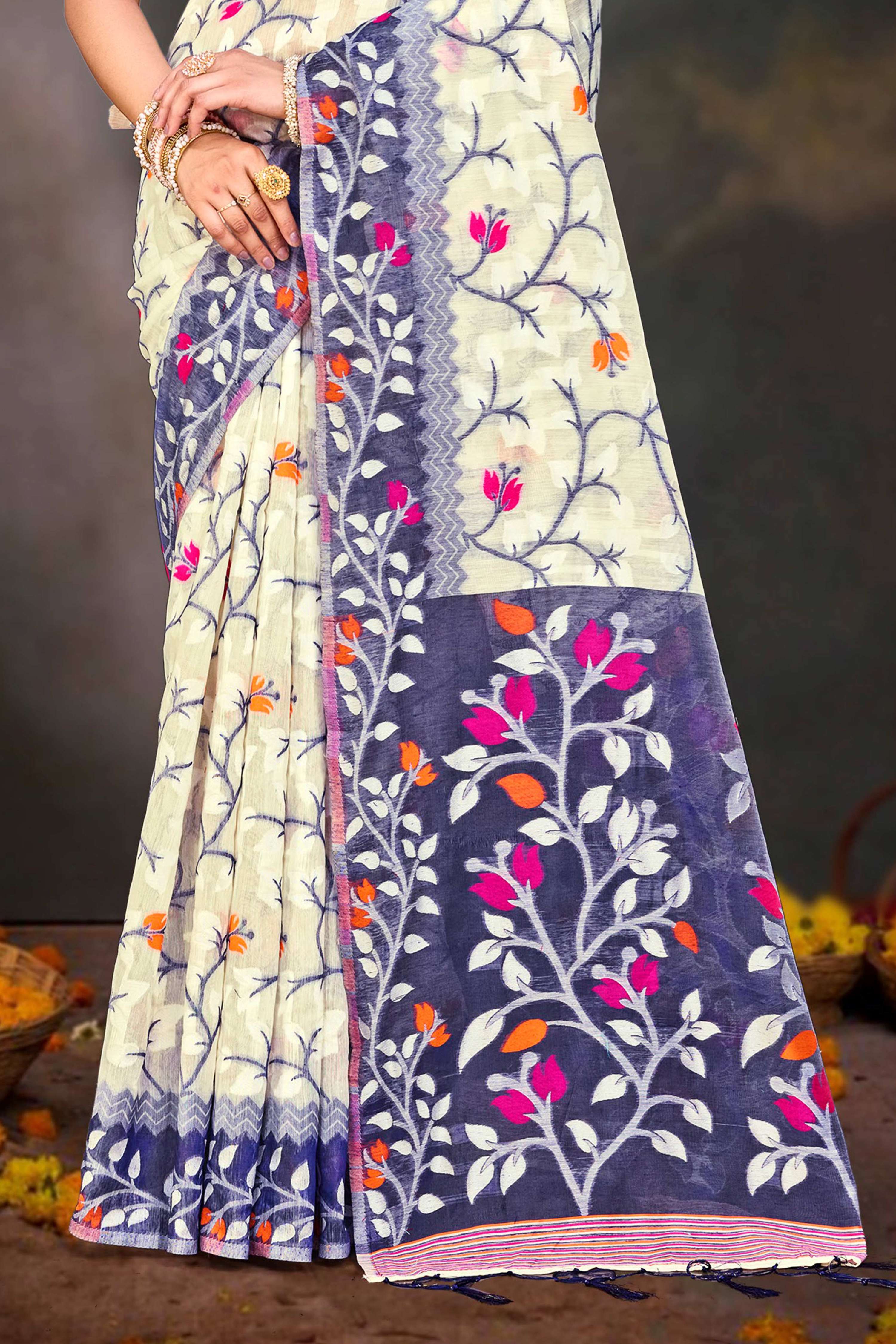 Sangam Prints Violet Cotton Blend Woven Work Traditional Saree | Grocsy