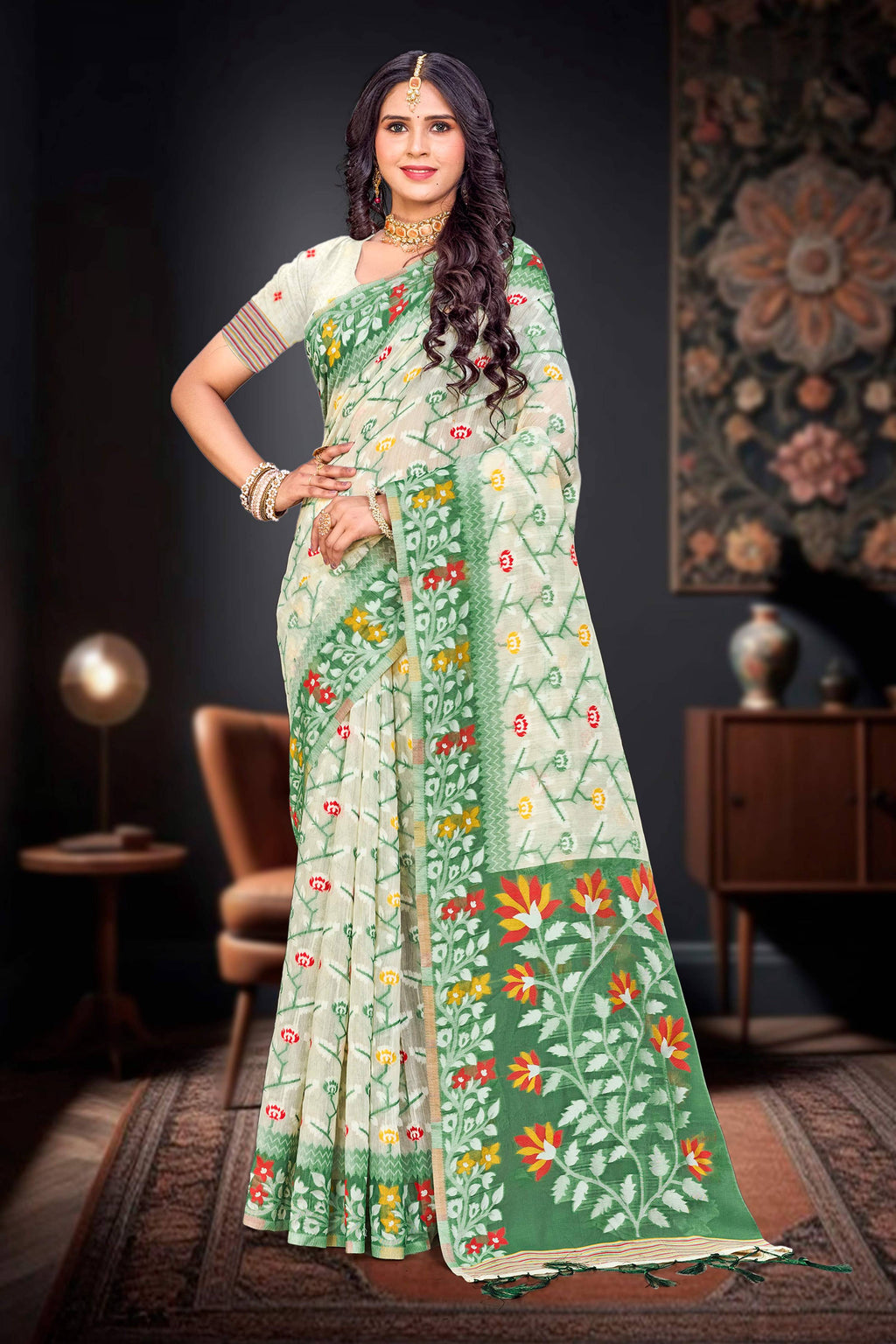 Sangam Prints Dark Green Cotton Blend Woven Work Traditional Saree | Grocsy