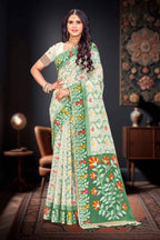 Sangam Prints Dark Green Cotton Blend Woven Work Traditional Saree | Grocsy