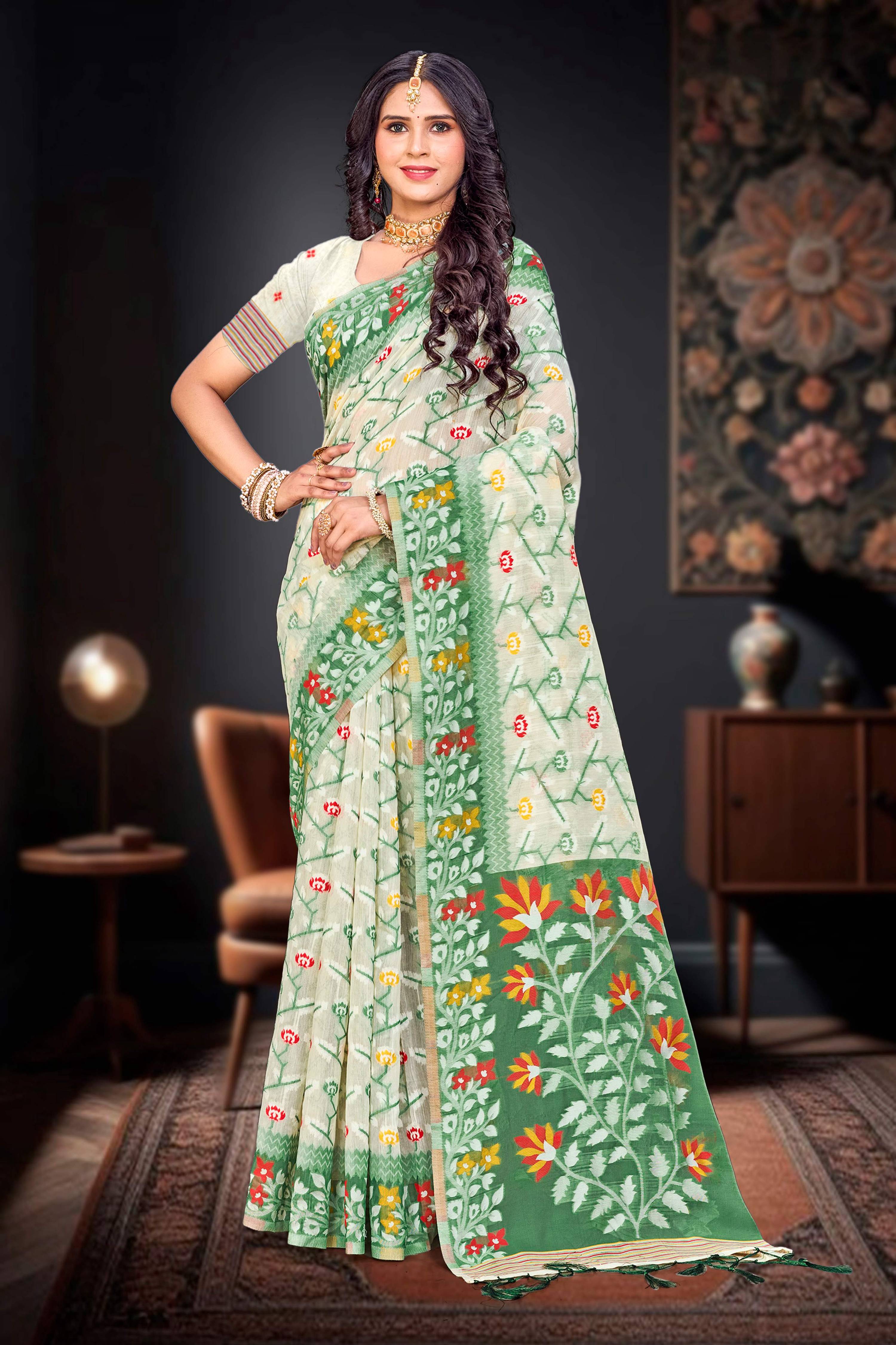 Sangam Prints Dark Green Cotton Blend Woven Work Traditional Saree | Grocsy