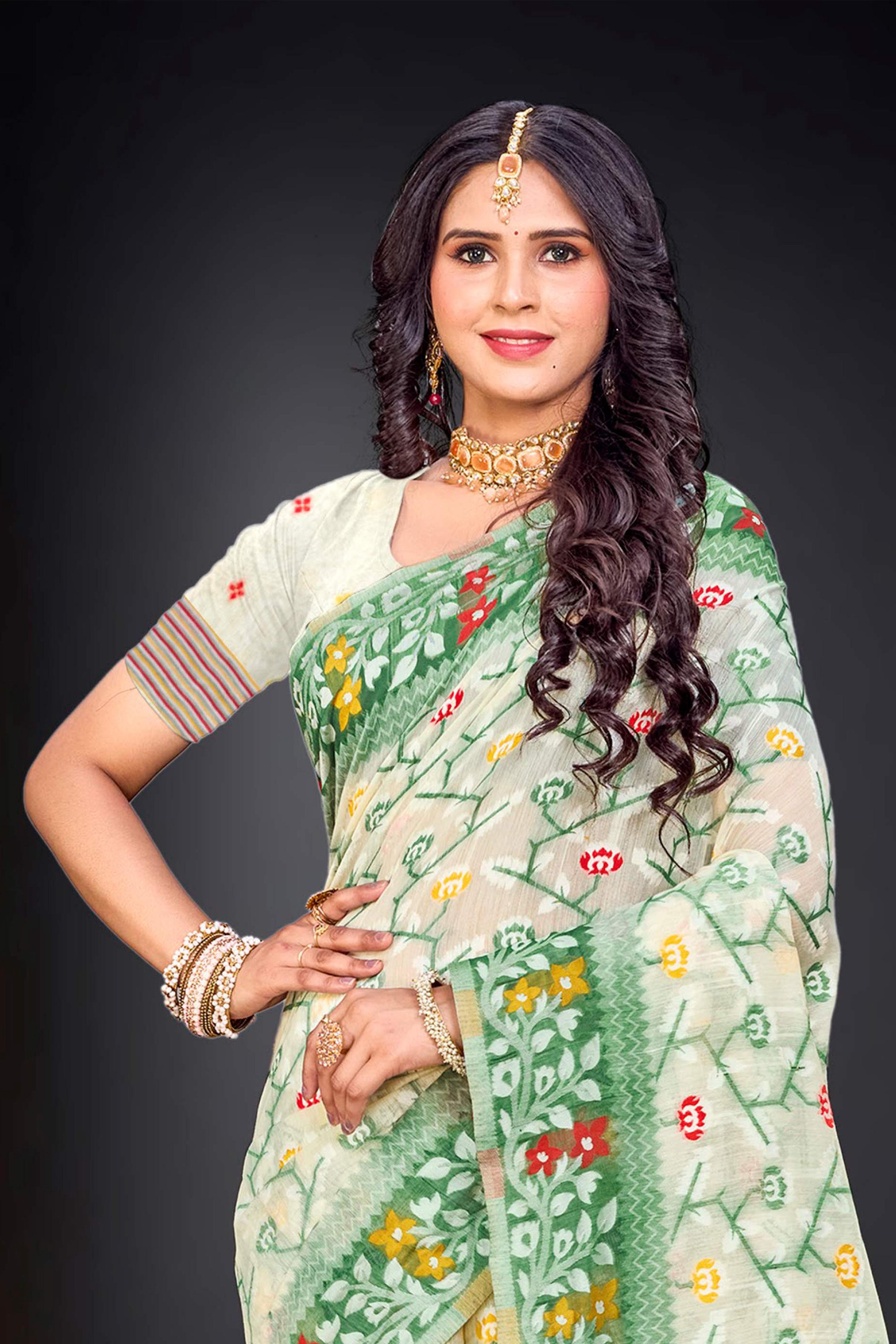 Sangam Prints Dark Green Cotton Blend Woven Work Traditional Saree | Grocsy