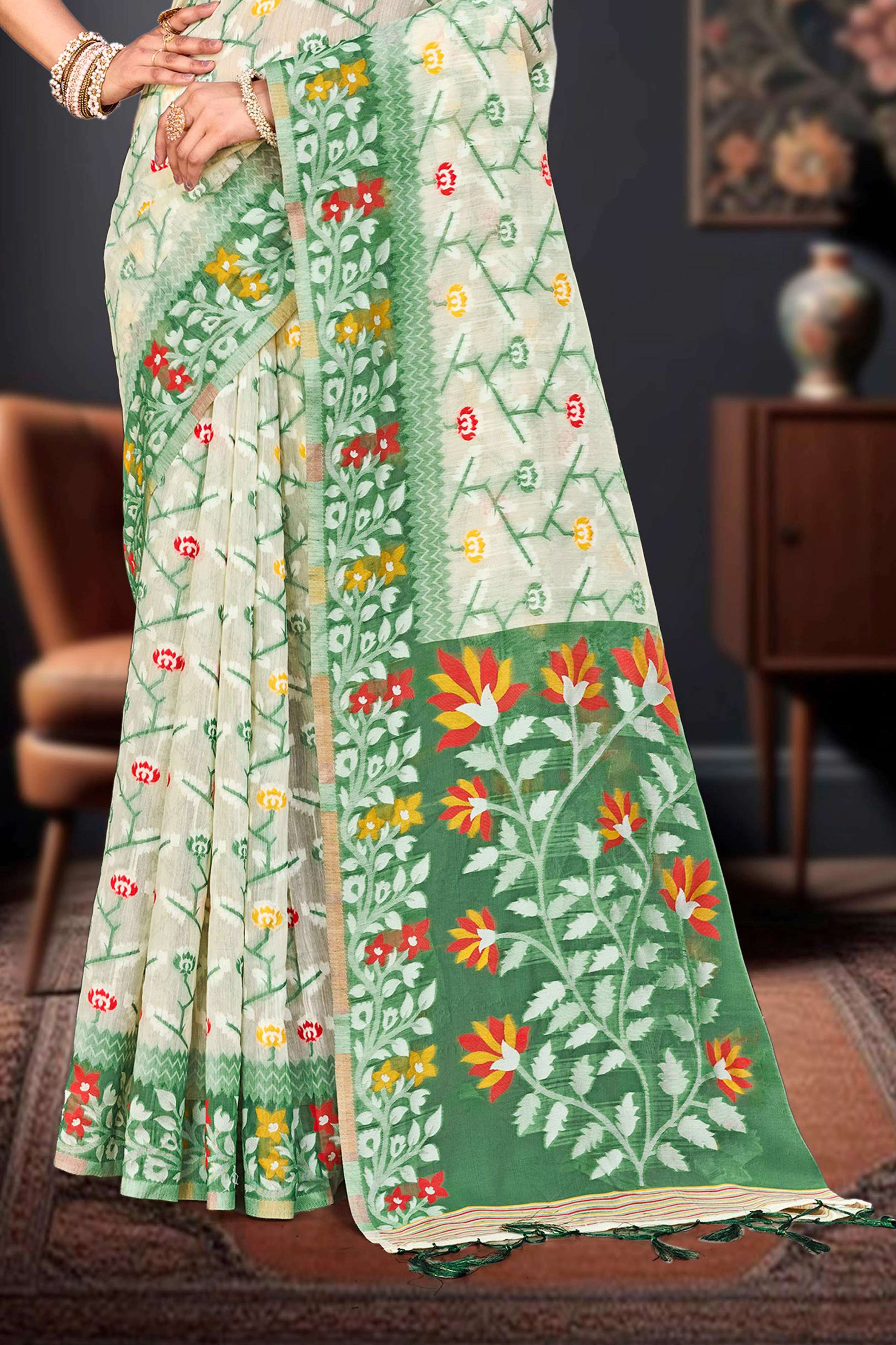 Sangam Prints Dark Green Cotton Blend Woven Work Traditional Saree | Grocsy