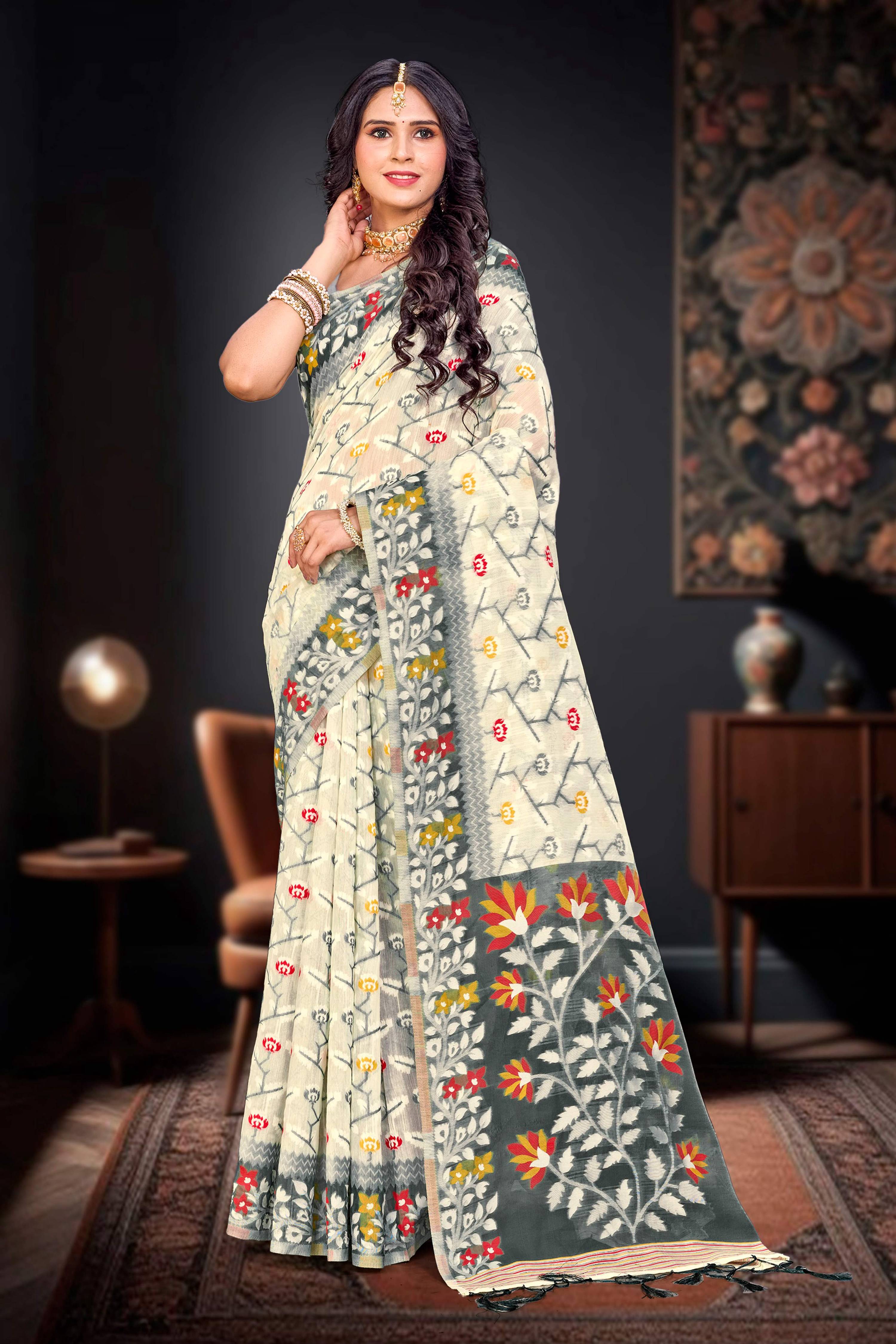 Sangam Prints Gray Cotton Blend Woven Work Traditional Saree | Grocsy
