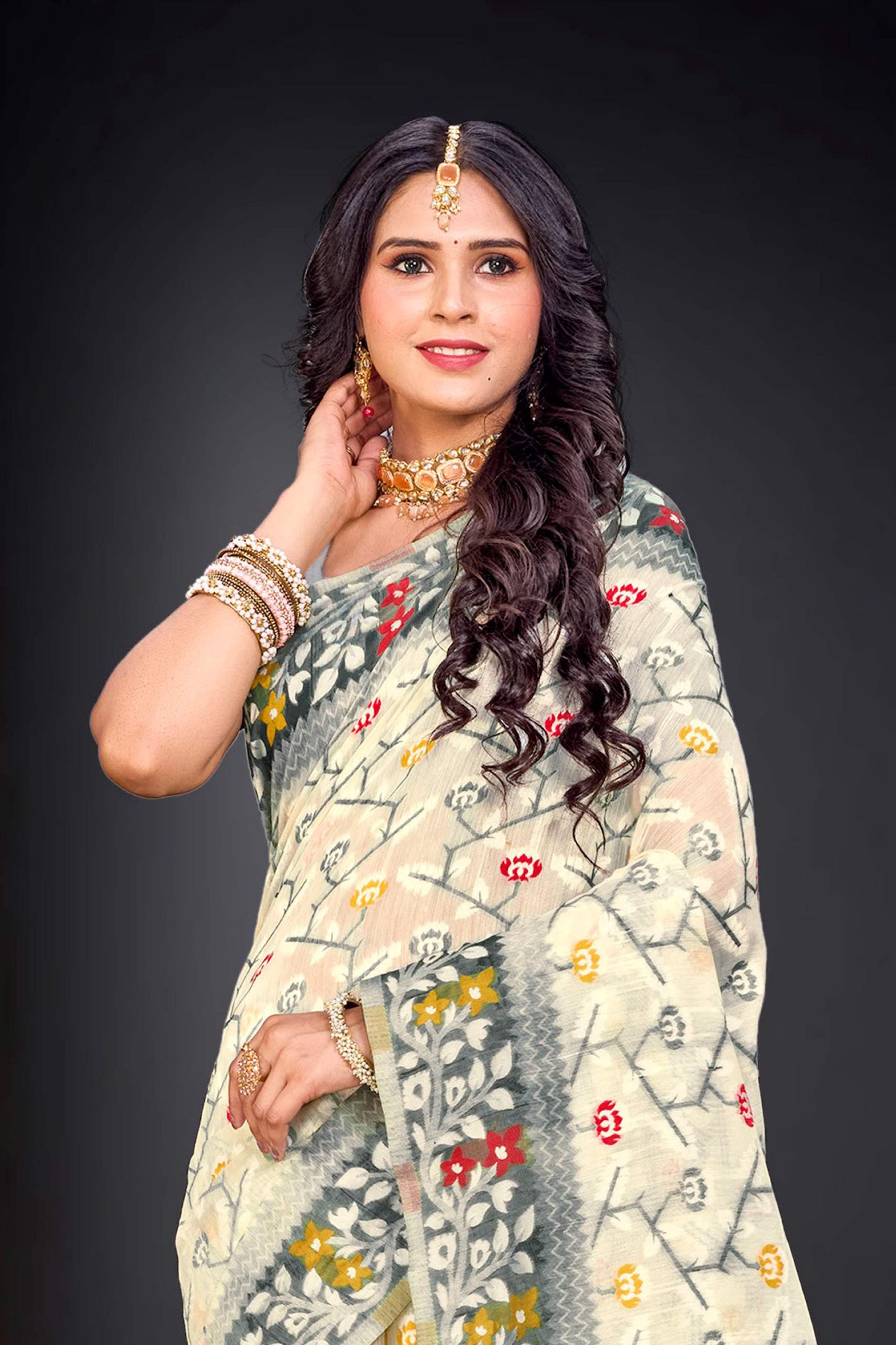 Sangam Prints Gray Cotton Blend Woven Work Traditional Saree | Grocsy