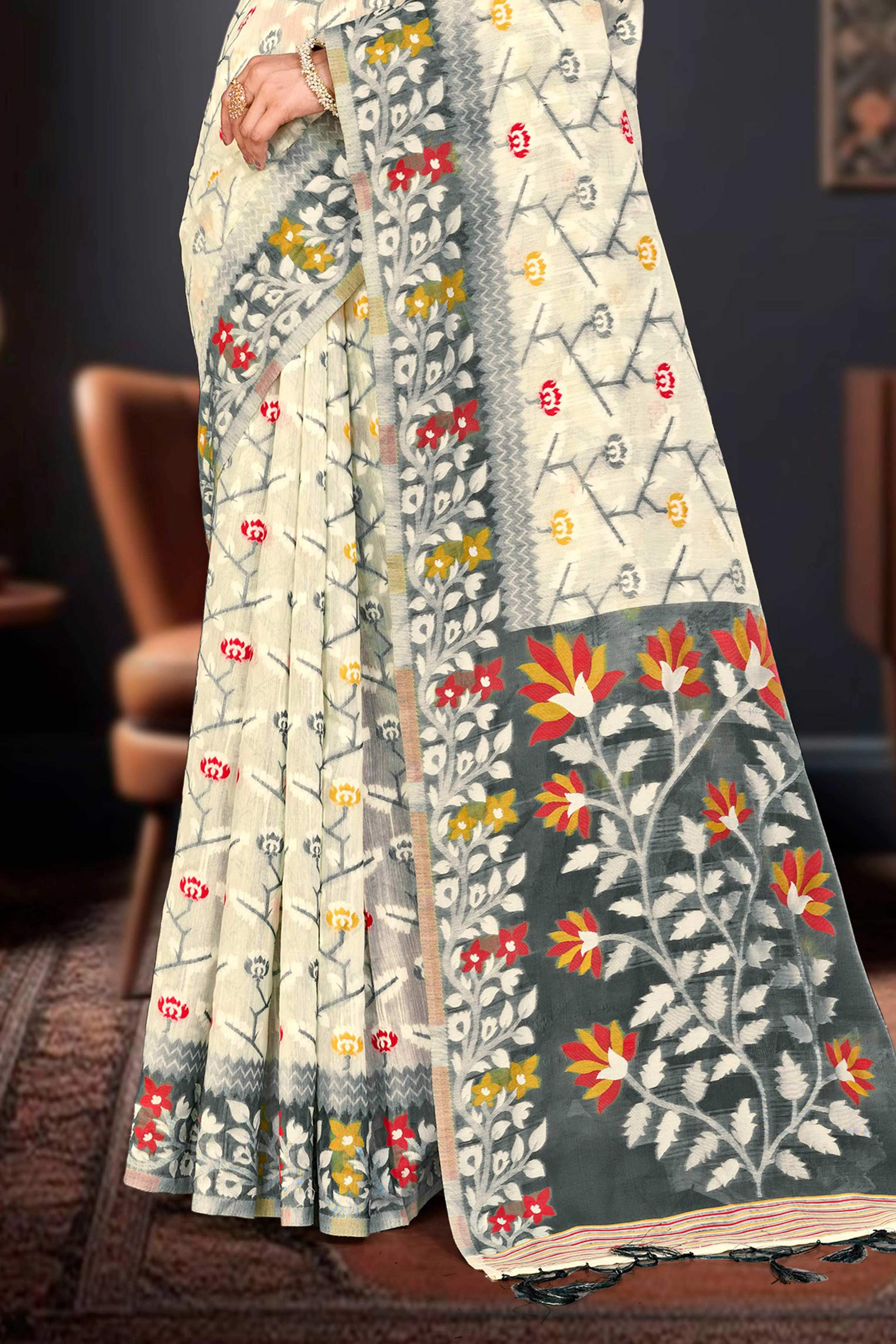 Sangam Prints Gray Cotton Blend Woven Work Traditional Saree | Grocsy