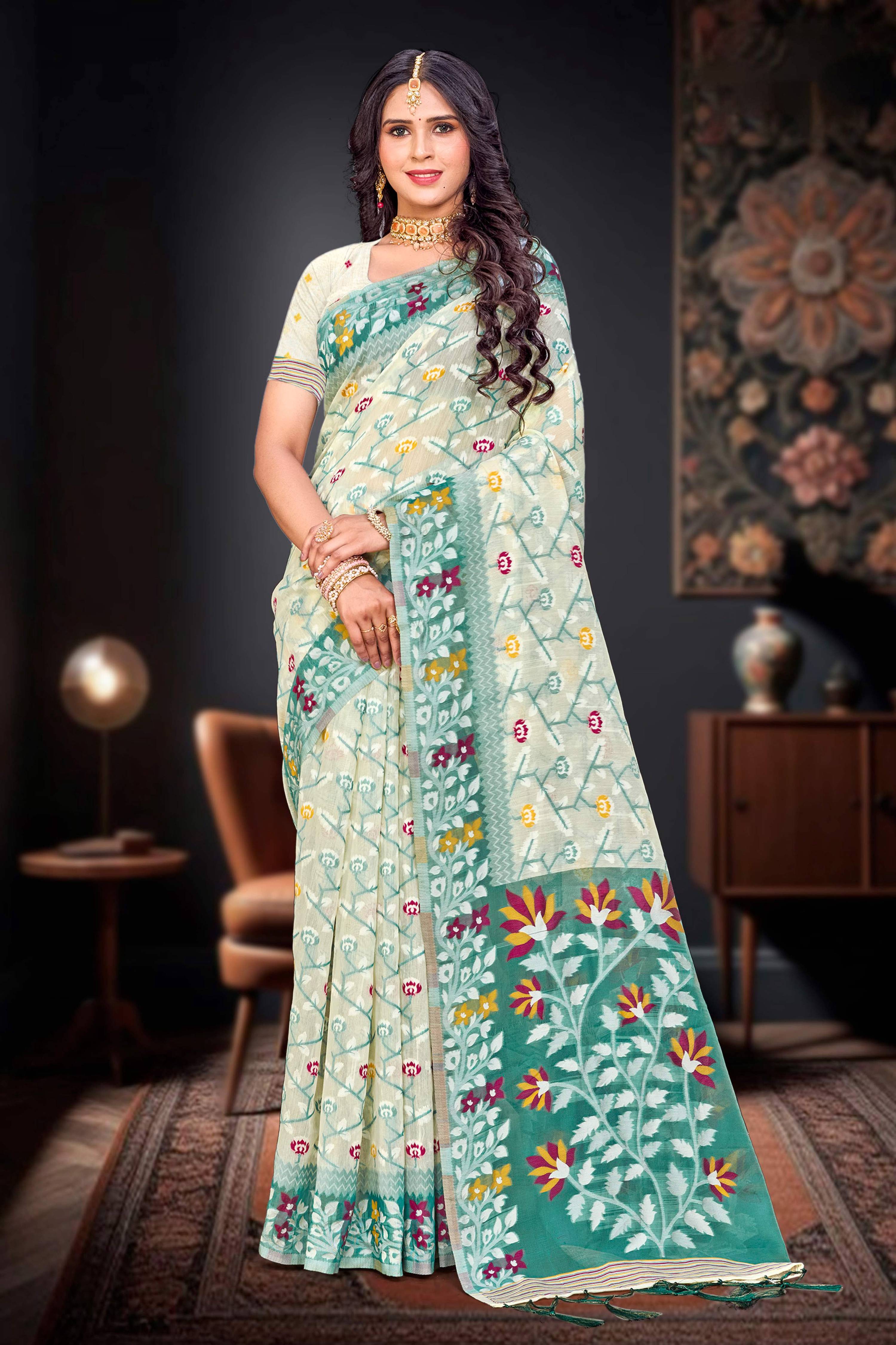 Sangam Prints Mint Green Cotton Blend Woven Work Traditional Saree | Grocsy