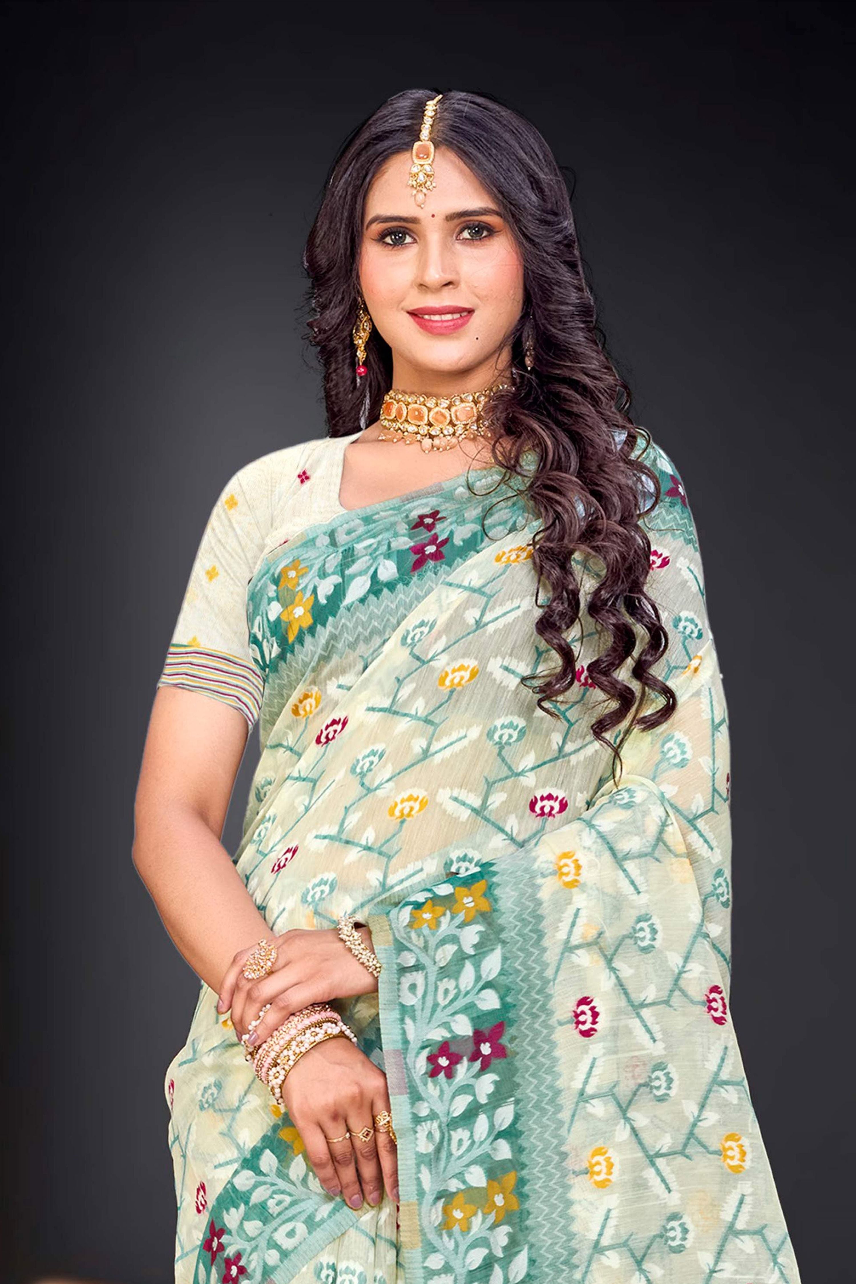 Sangam Prints Mint Green Cotton Blend Woven Work Traditional Saree | Grocsy