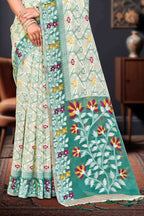 Sangam Prints Mint Green Cotton Blend Woven Work Traditional Saree | Grocsy