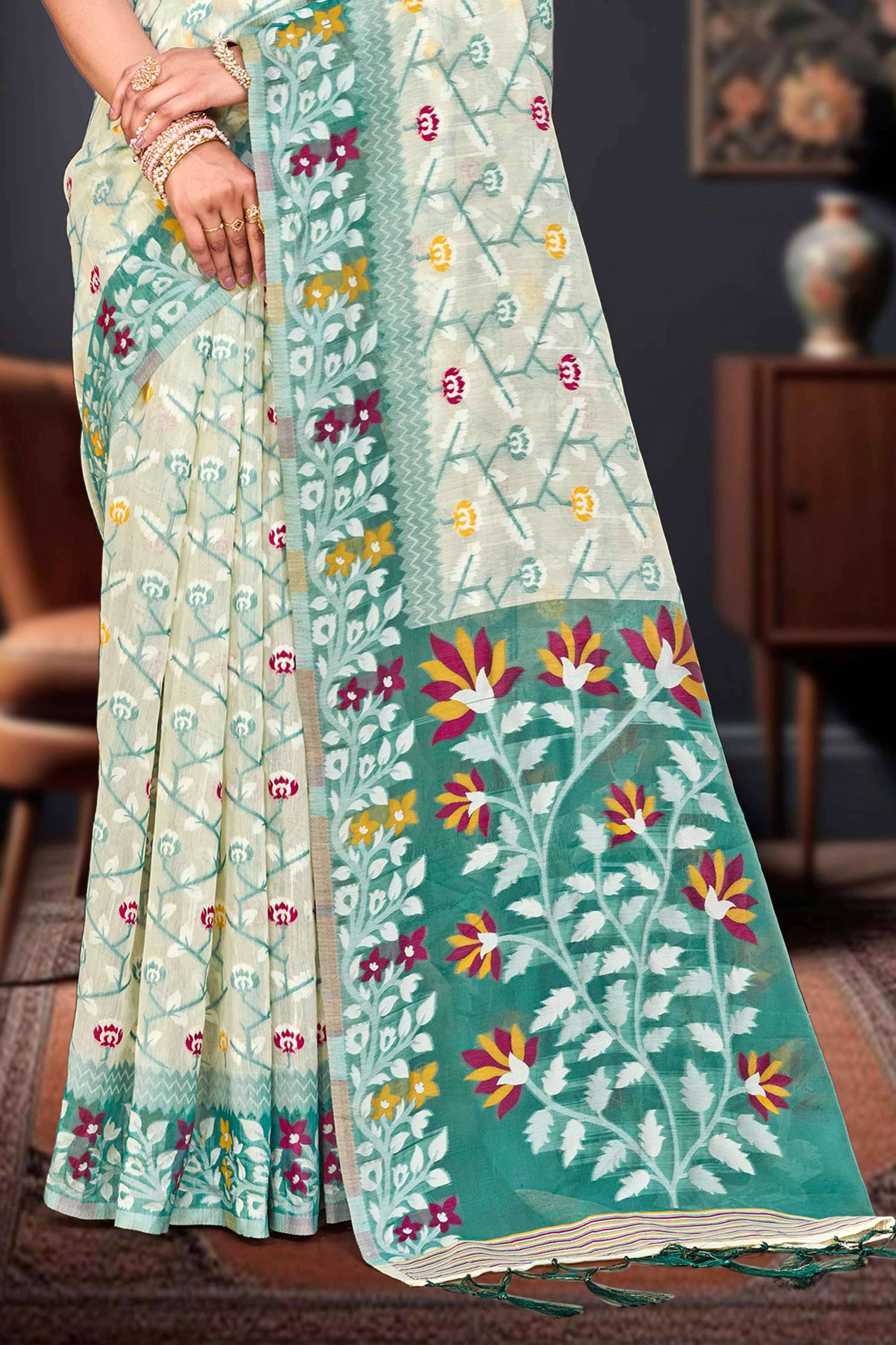 Sangam Prints Mint Green Cotton Blend Woven Work Traditional Saree | Grocsy