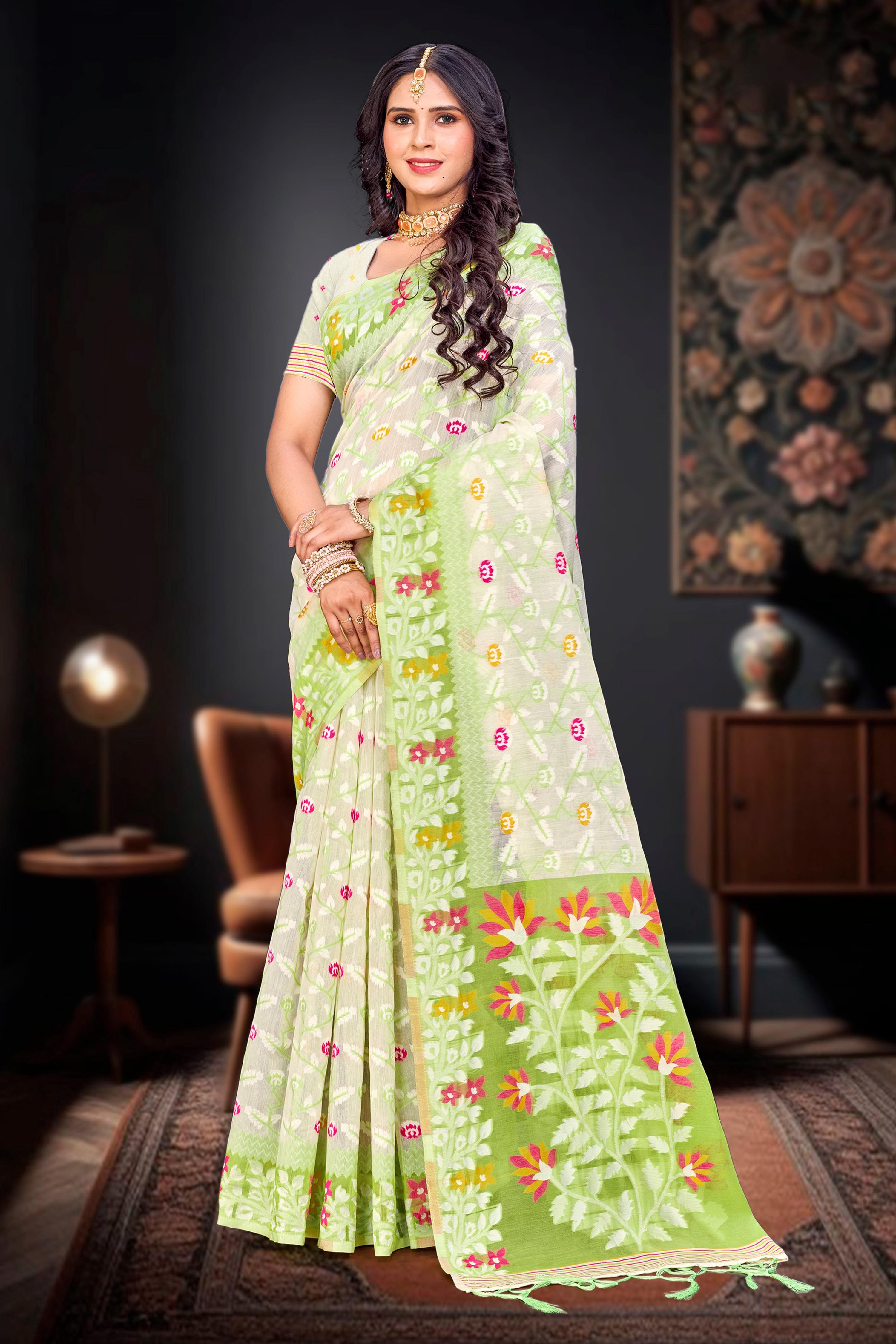 Sangam Prints Parrot Green Cotton Blend Woven Work Traditional Saree | Grocsy