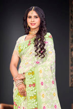 Sangam Prints Parrot Green Cotton Blend Woven Work Traditional Saree | Grocsy