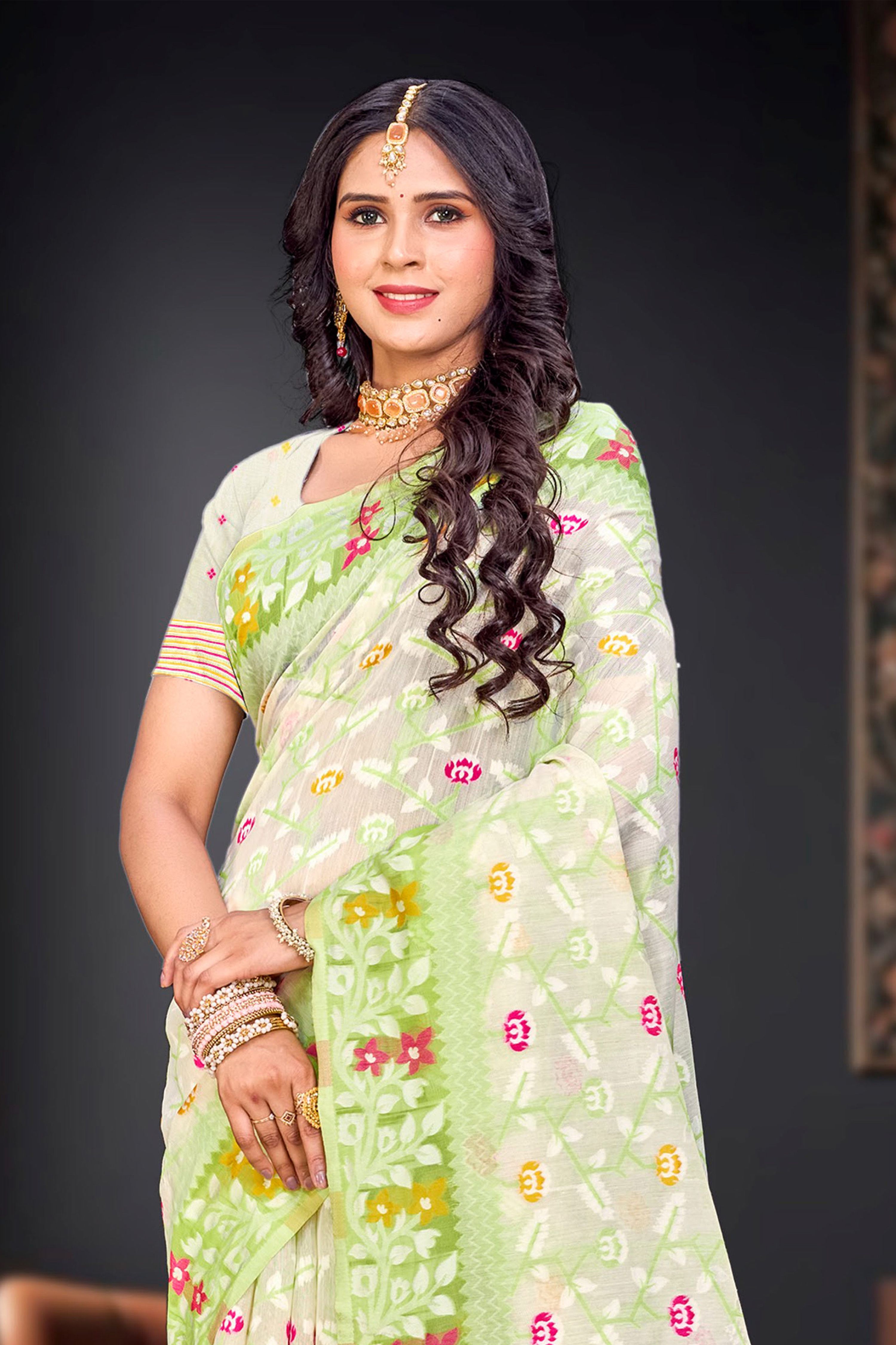 Sangam Prints Parrot Green Cotton Blend Woven Work Traditional Saree | Grocsy