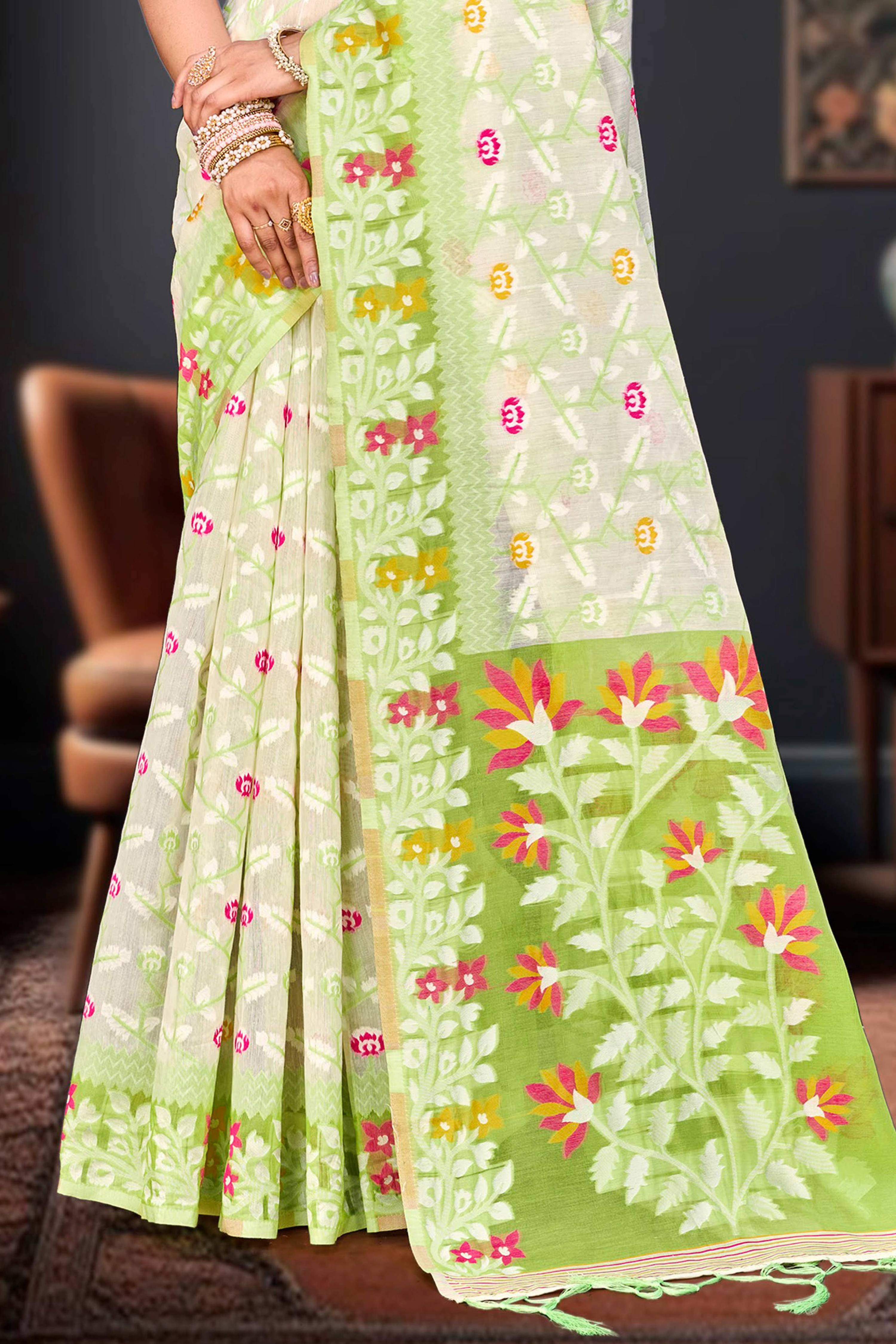 Sangam Prints Parrot Green Cotton Blend Woven Work Traditional Saree | Grocsy