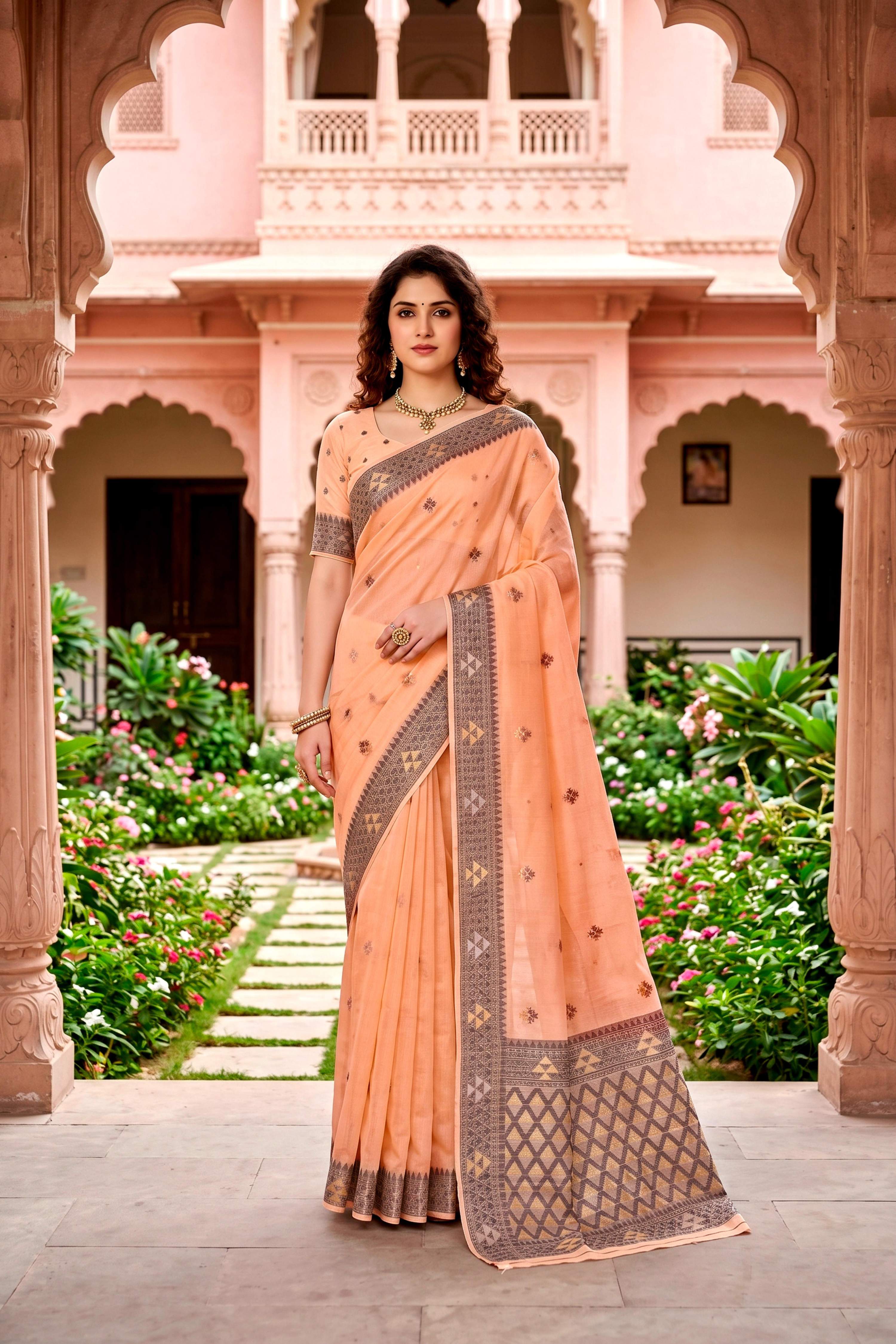 Sangam Prints Peach Cotton Blend Woven Work Traditional Saree | Grocsy