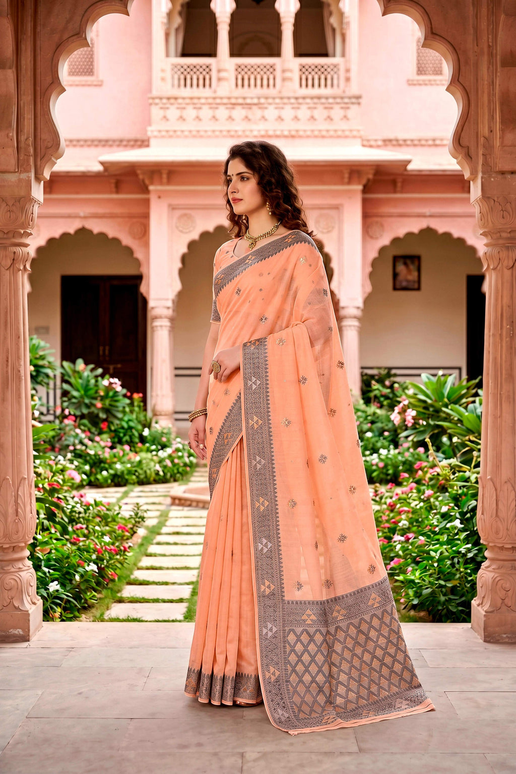 Sangam Prints Peach Cotton Blend Woven Work Traditional Saree | Grocsy