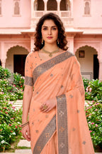 Sangam Prints Peach Cotton Blend Woven Work Traditional Saree | Grocsy