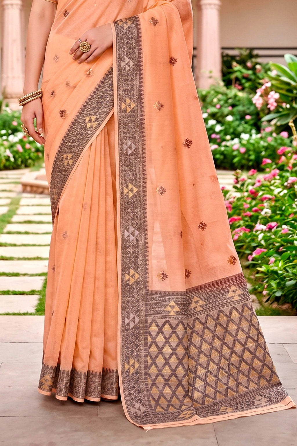 Sangam Prints Peach Cotton Blend Woven Work Traditional Saree | Grocsy