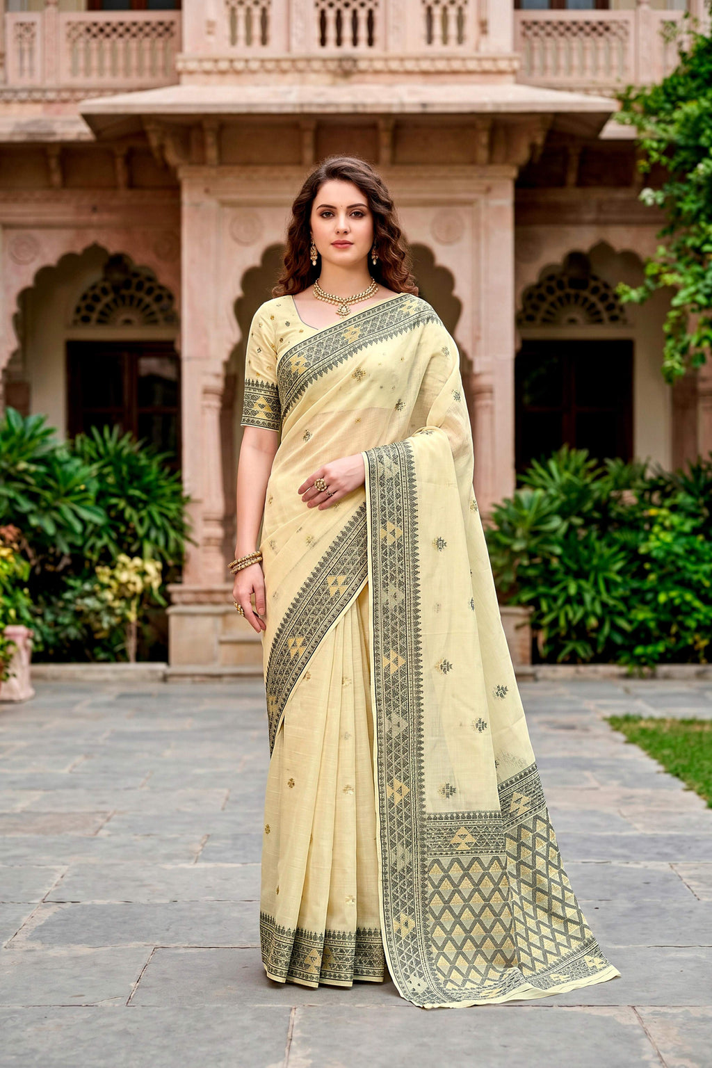 Sangam Prints Light Yellow Cotton Blend Woven Work Traditional Saree | Grocsy