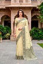 Sangam Prints Light Yellow Cotton Blend Woven Work Traditional Saree | Grocsy
