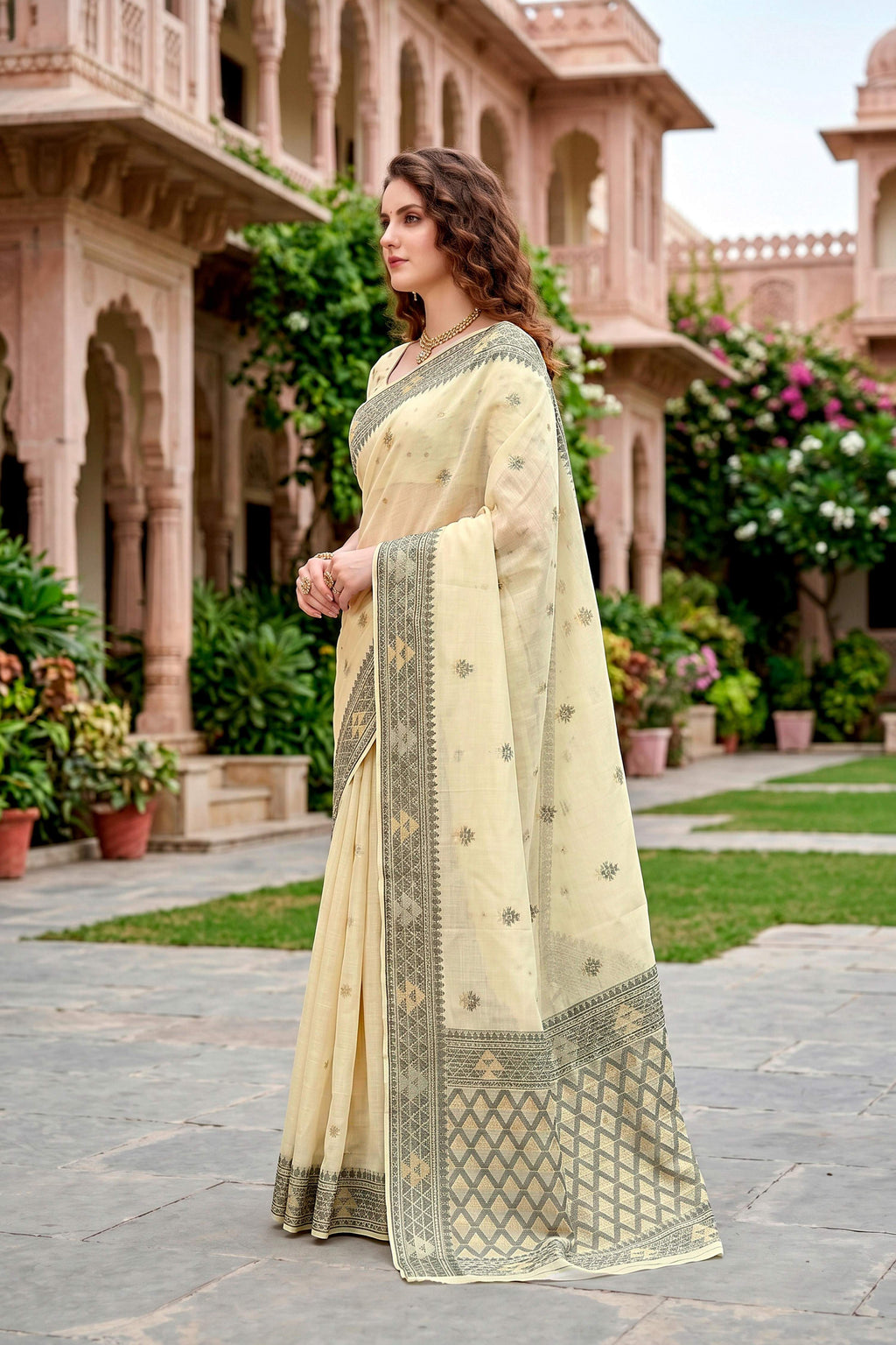 Sangam Prints Light Yellow Cotton Blend Woven Work Traditional Saree | Grocsy