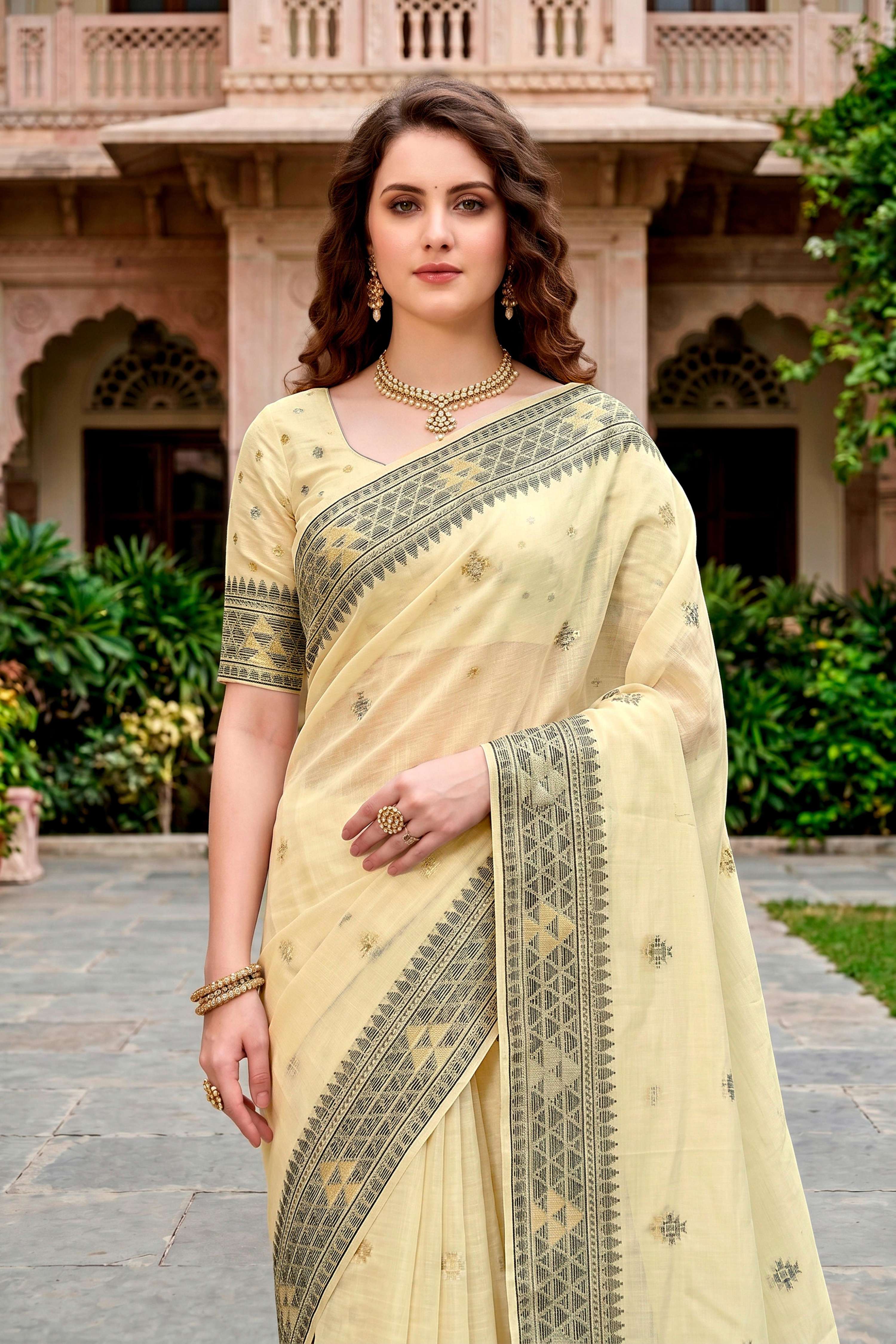 Sangam Prints Light Yellow Cotton Blend Woven Work Traditional Saree | Grocsy