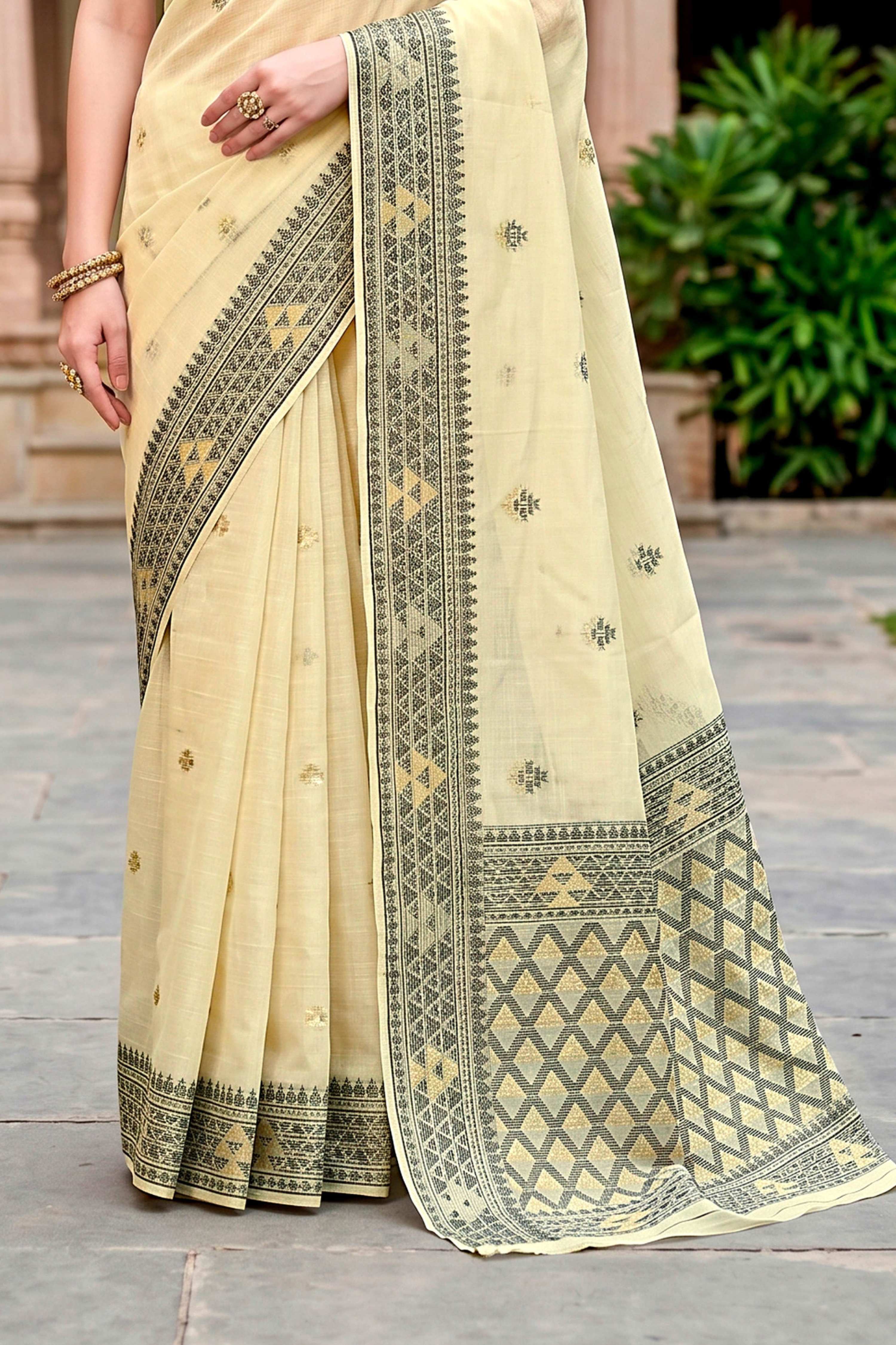 Sangam Prints Light Yellow Cotton Blend Woven Work Traditional Saree | Grocsy