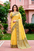 Sangam Prints Yellow Cotton Blend Woven Work Traditional Saree | Grocsy