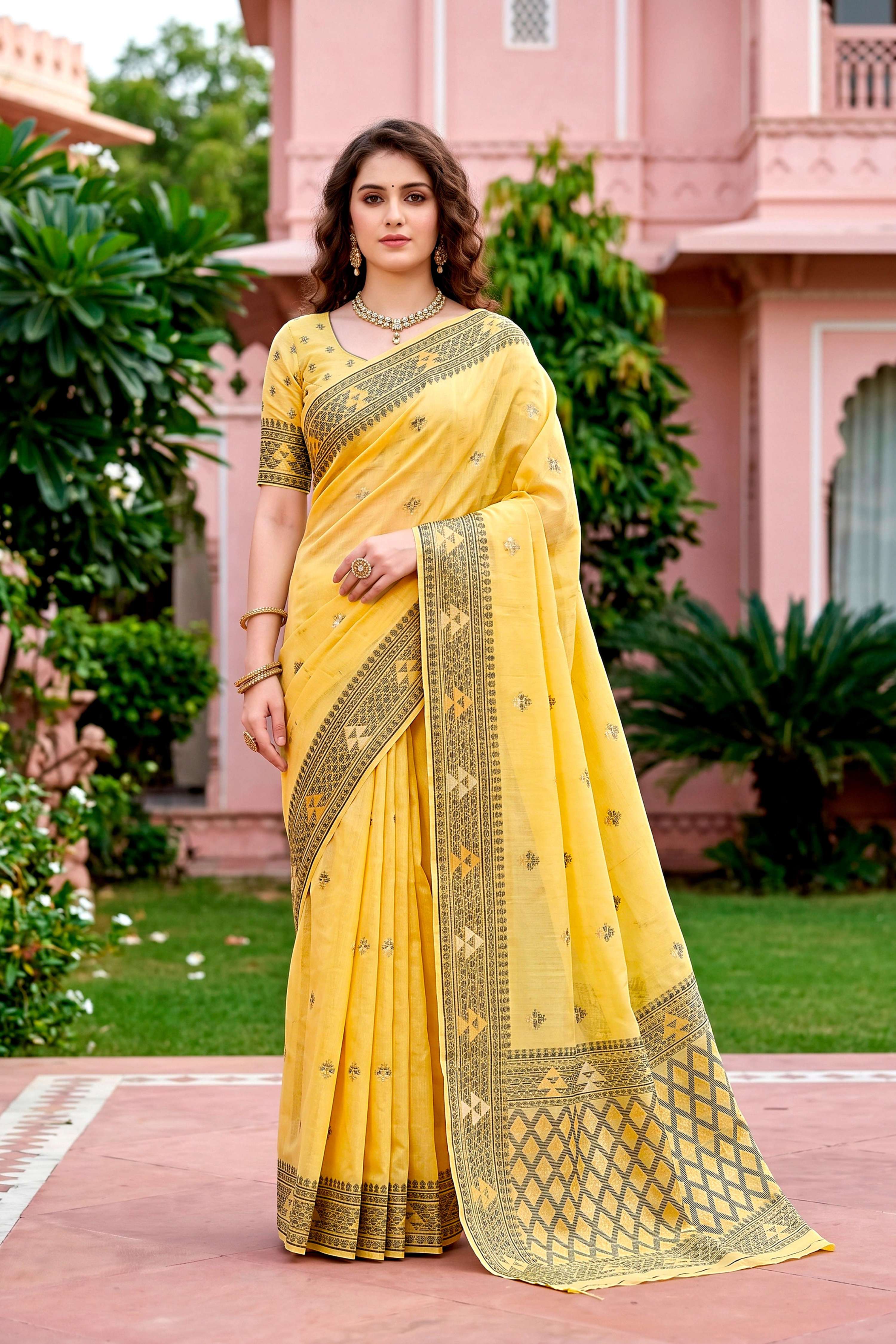 Sangam Prints Yellow Cotton Blend Woven Work Traditional Saree | Grocsy