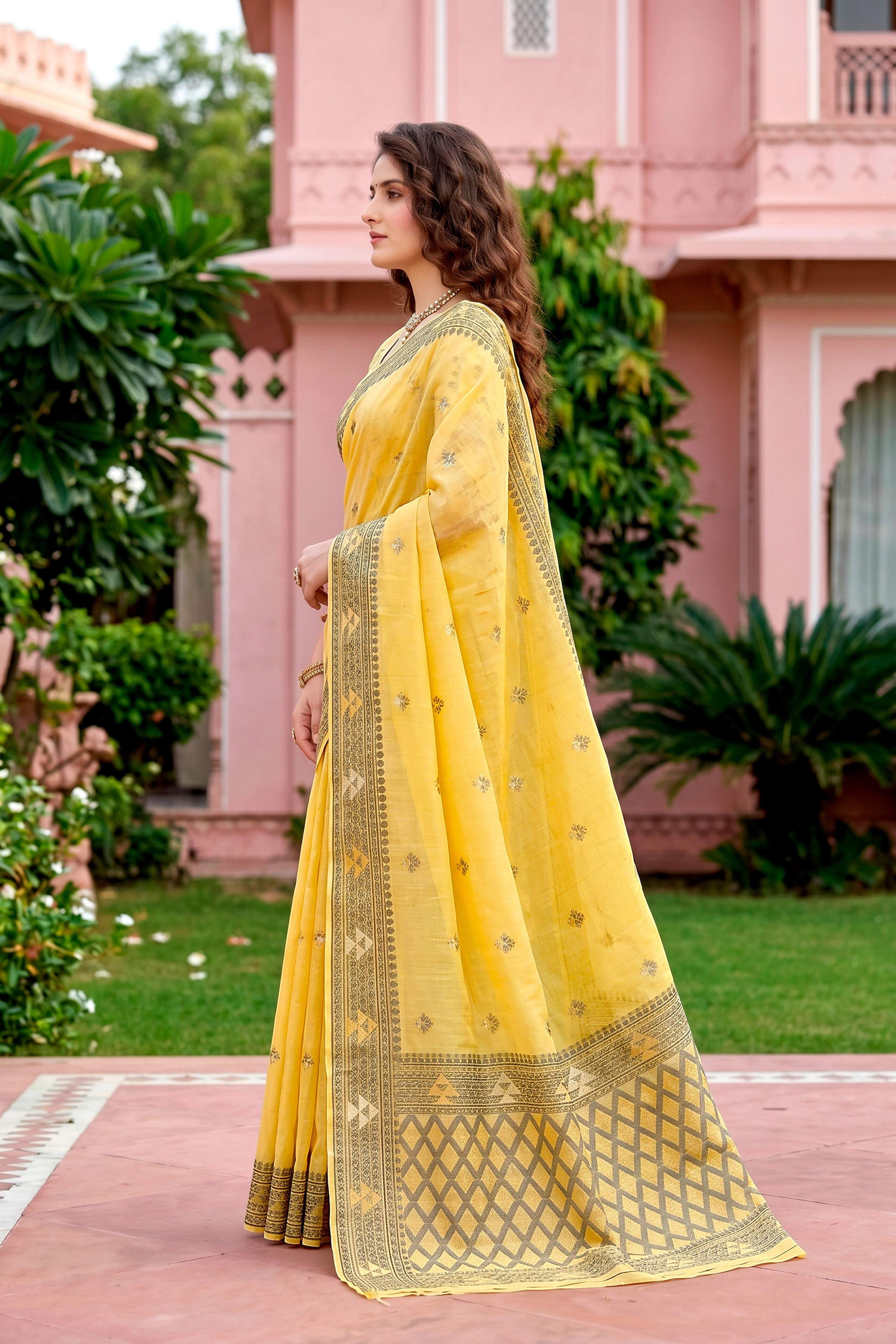 Sangam Prints Yellow Cotton Blend Woven Work Traditional Saree | Grocsy