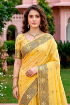Sangam Prints Yellow Cotton Blend Woven Work Traditional Saree | Grocsy