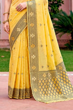 Sangam Prints Yellow Cotton Blend Woven Work Traditional Saree | Grocsy