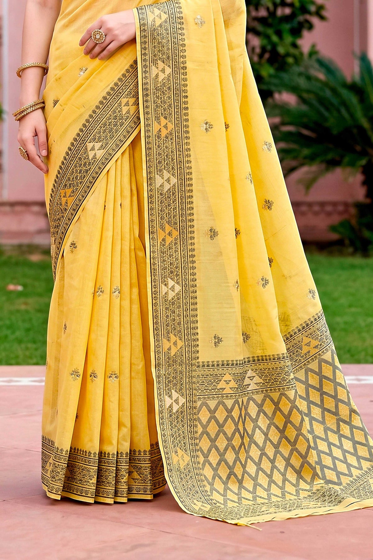 Sangam Prints Yellow Cotton Blend Woven Work Traditional Saree | Grocsy