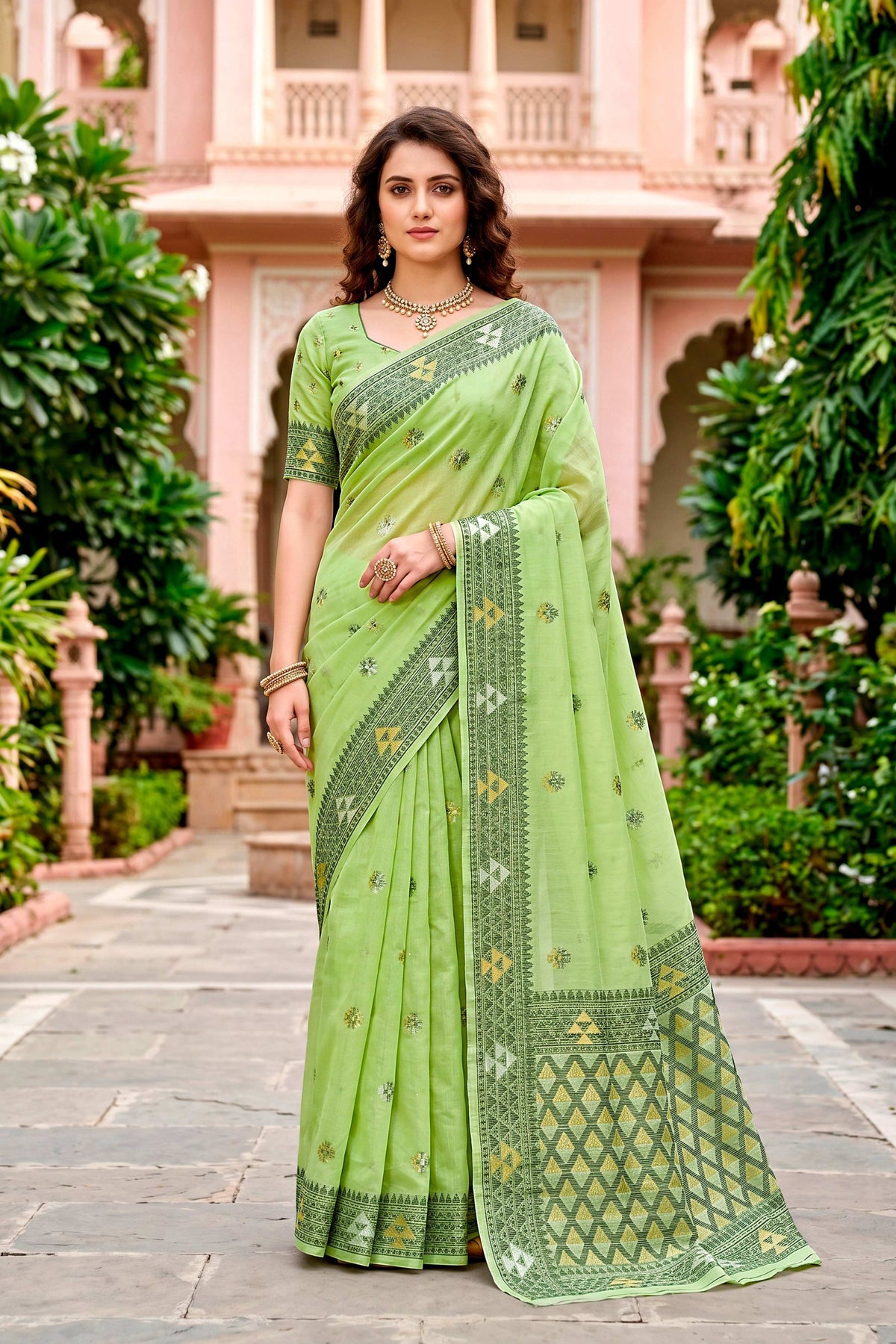 Sangam Prints Green Cotton Blend Woven Work Traditional Saree | Grocsy
