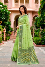 Sangam Prints Green Cotton Blend Woven Work Traditional Saree | Grocsy