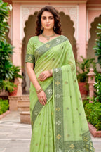 Sangam Prints Green Cotton Blend Woven Work Traditional Saree | Grocsy
