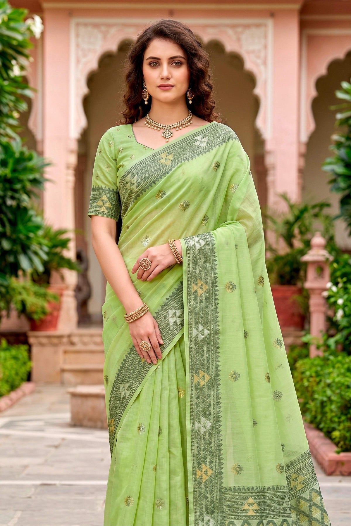 Sangam Prints Green Cotton Blend Woven Work Traditional Saree | Grocsy