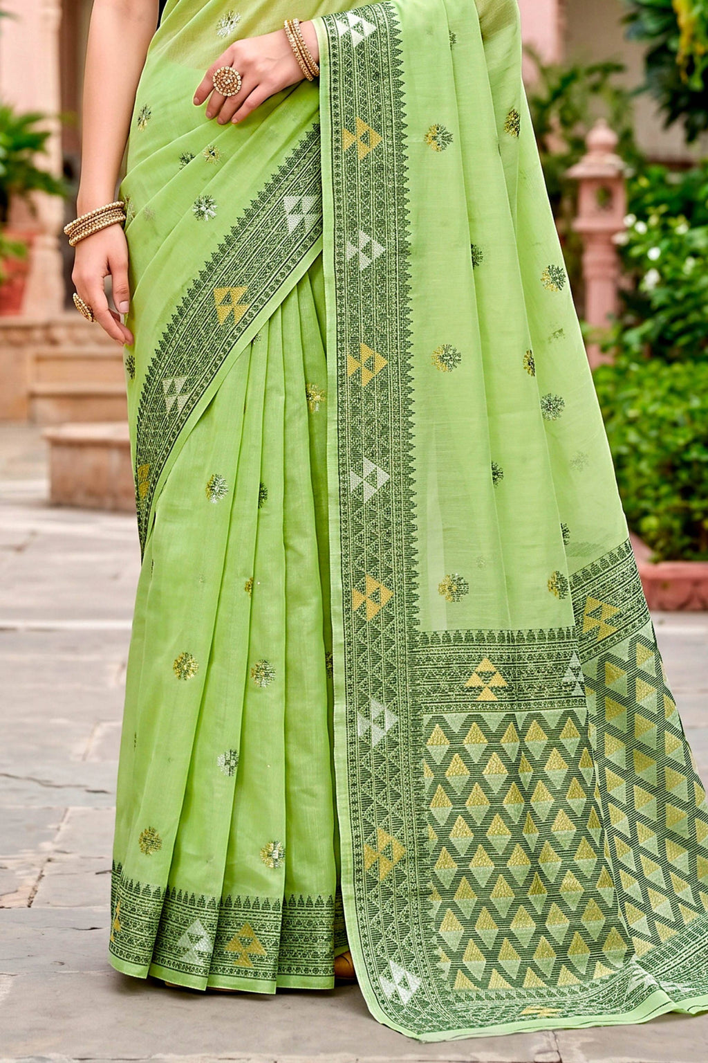 Sangam Prints Green Cotton Blend Woven Work Traditional Saree | Grocsy