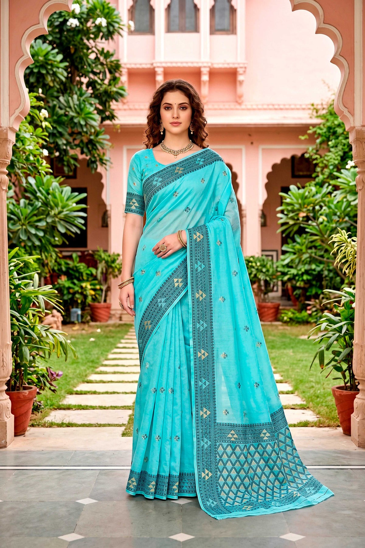 Sangam Prints Teal Blue Cotton Blend Woven Work Traditional Saree | Grocsy