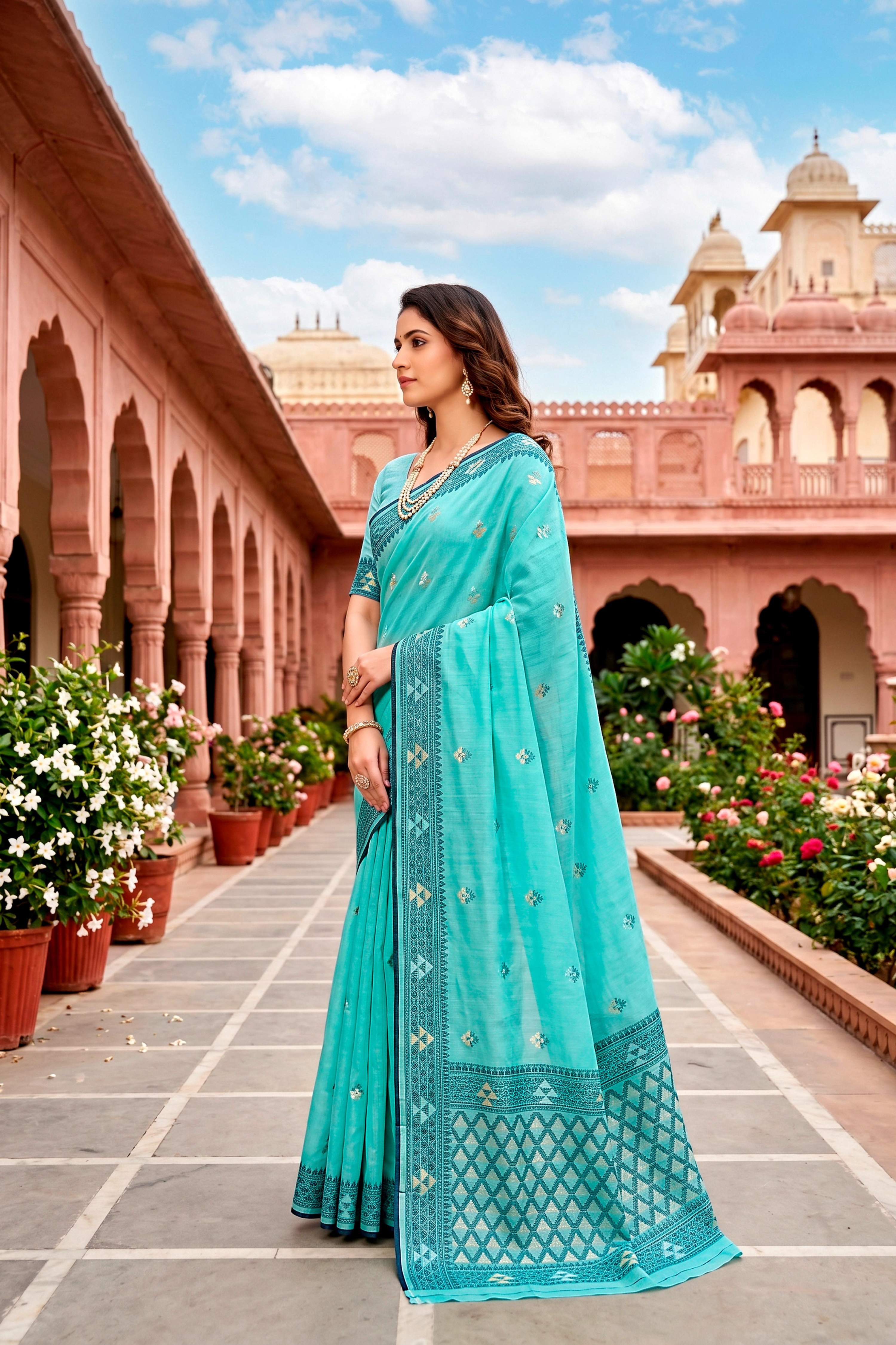 Sangam Prints Teal Blue Cotton Blend Woven Work Traditional Saree | Grocsy