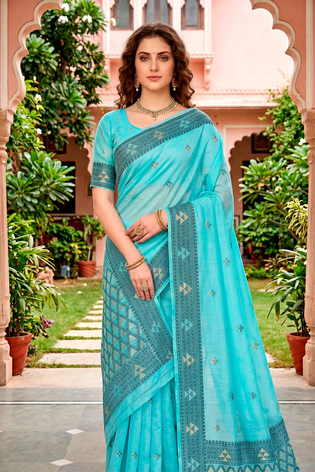 Sangam Prints Teal Blue Cotton Blend Woven Work Traditional Saree | Grocsy