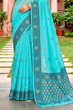 Sangam Prints Teal Blue Cotton Blend Woven Work Traditional Saree | Grocsy