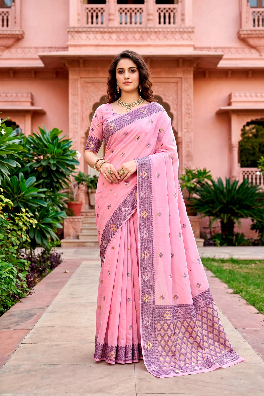 Sangam Prints Pink Cotton Blend Woven Work Traditional Saree | Grocsy