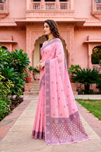 Sangam Prints Pink Cotton Blend Woven Work Traditional Saree | Grocsy