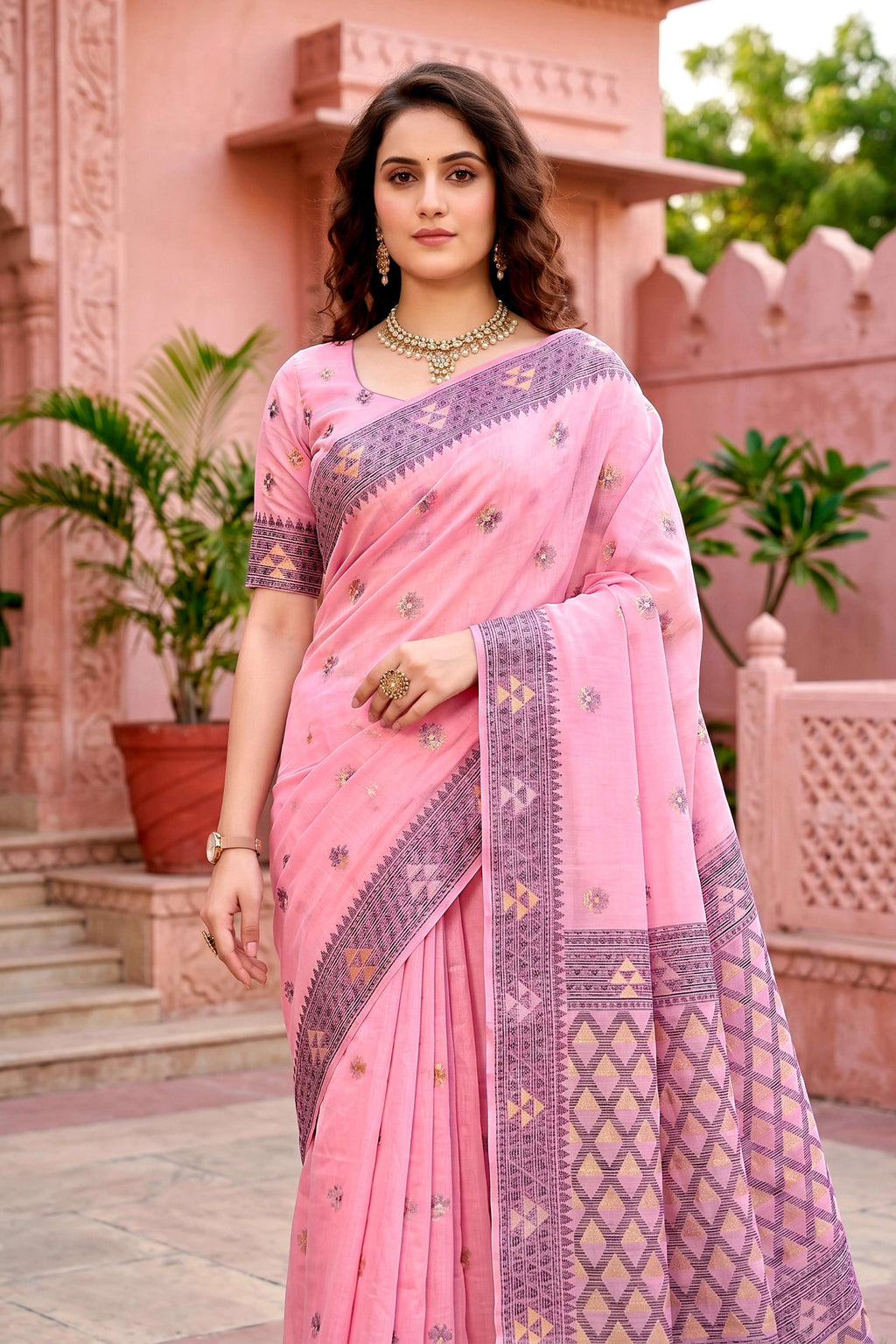 Sangam Prints Pink Cotton Blend Woven Work Traditional Saree | Grocsy