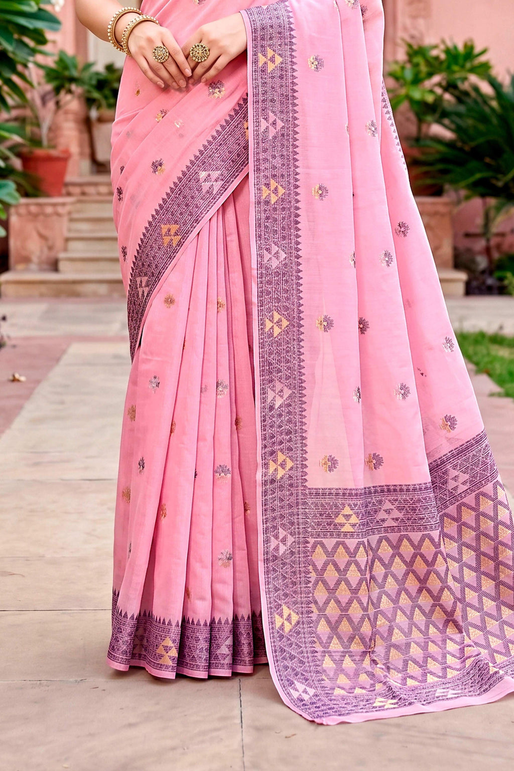 Sangam Prints Pink Cotton Blend Woven Work Traditional Saree | Grocsy