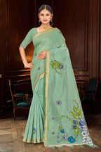 Sangam Prints Mint Green Cotton Blend Woven Work Traditional Saree | Grocsy